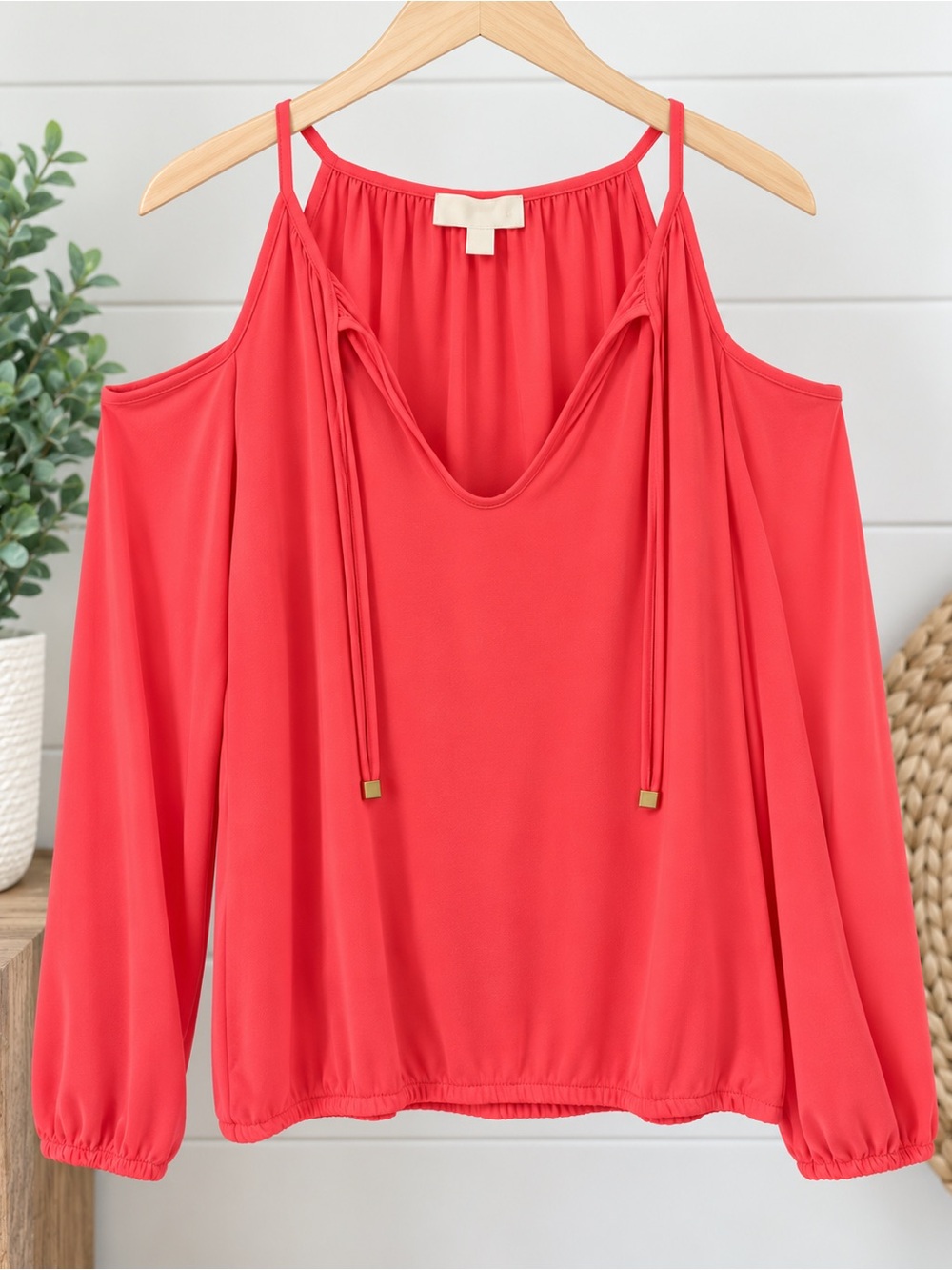 Michael Kors Coral-Red Adjustable Drawstring off shoulder blouse a
